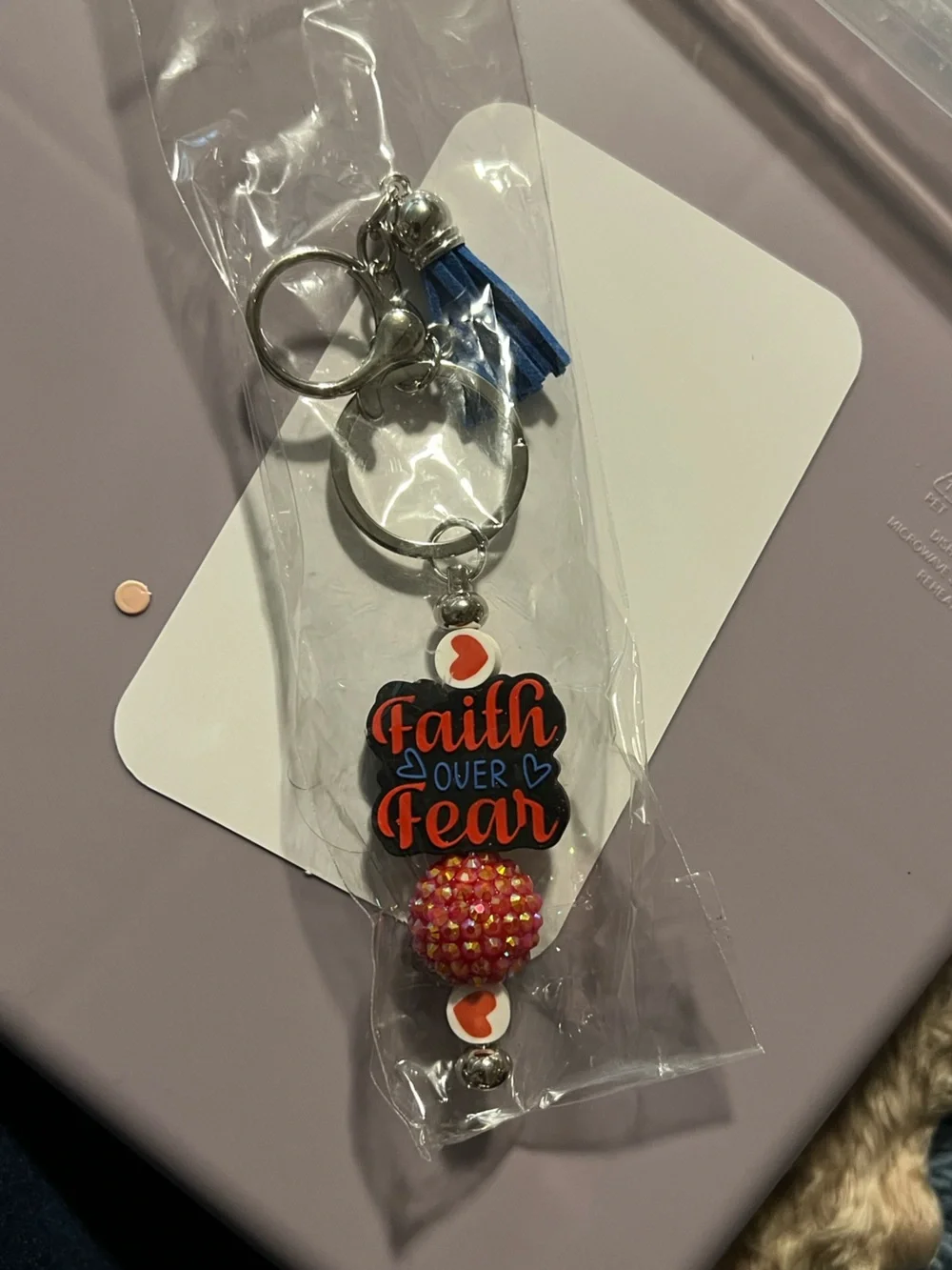 Faith Over Fear Keychain with Blue Tassel